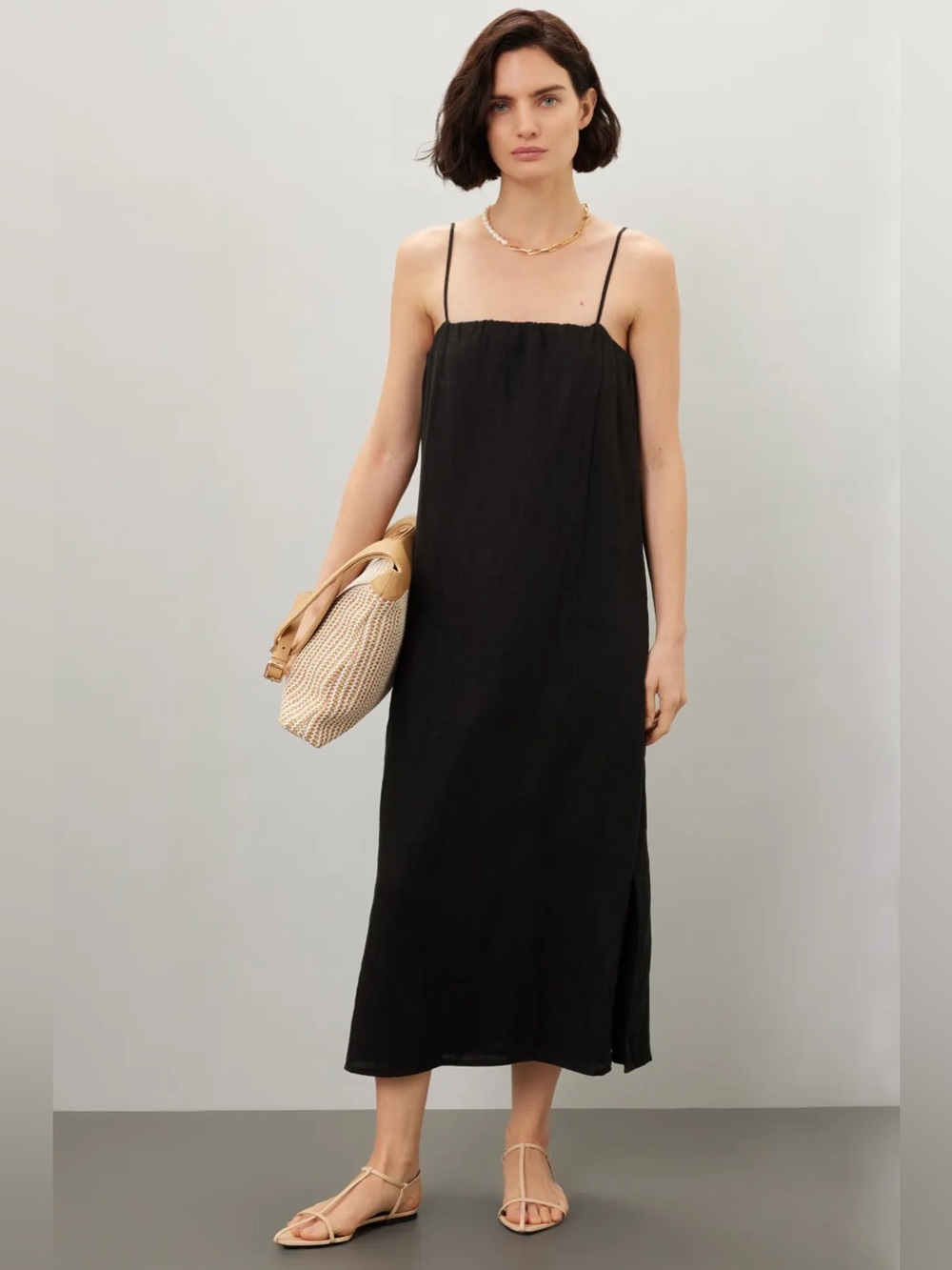 DONNI. The Linen Spaghetti Dress in Black Size S